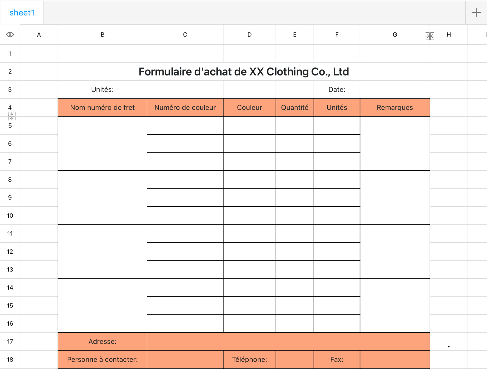Formulaire d'achat pour les entreprises de vêtements